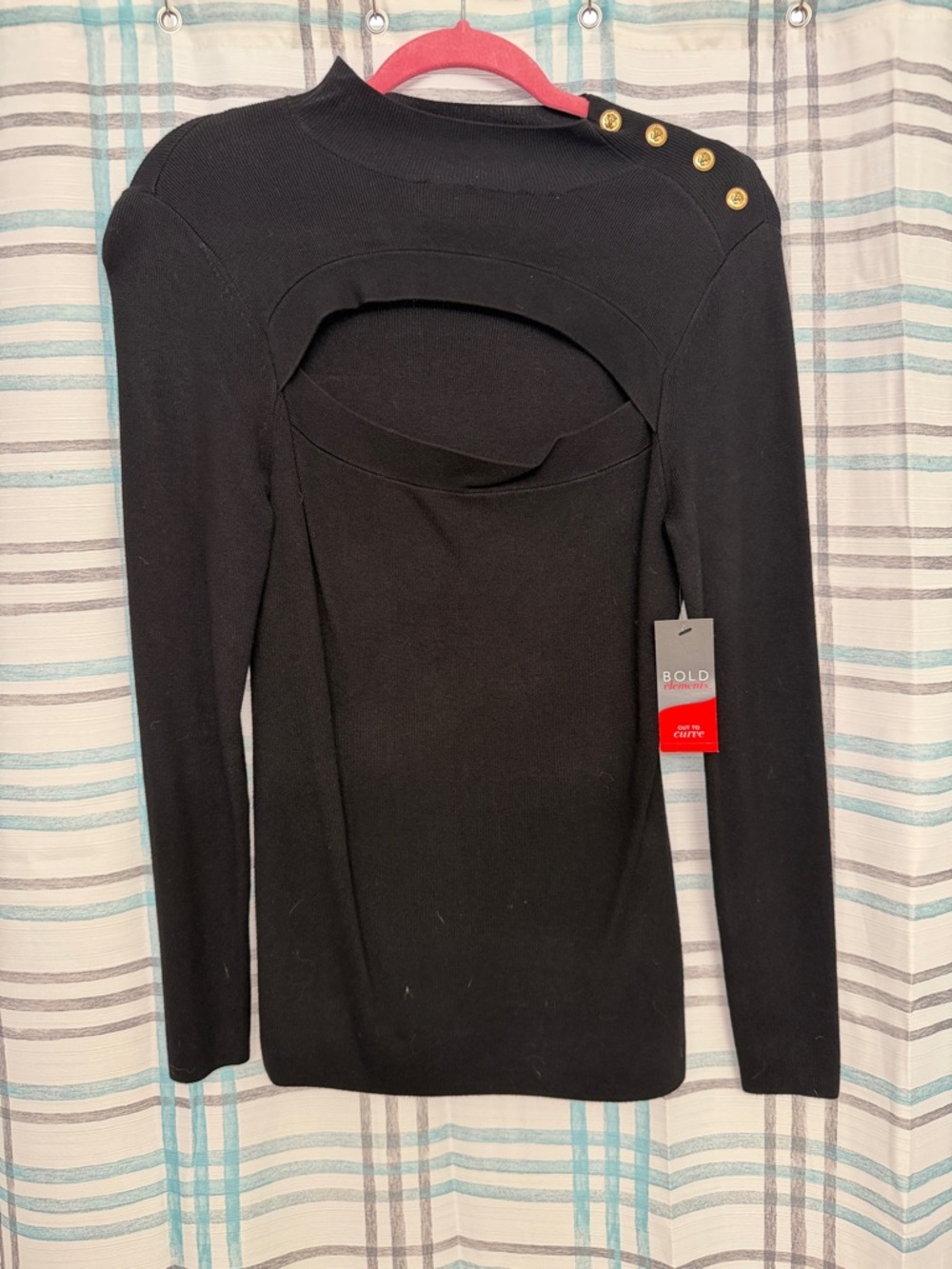 BOLD elements Black Long-Sleeve Cutout Top with Gold Buttons